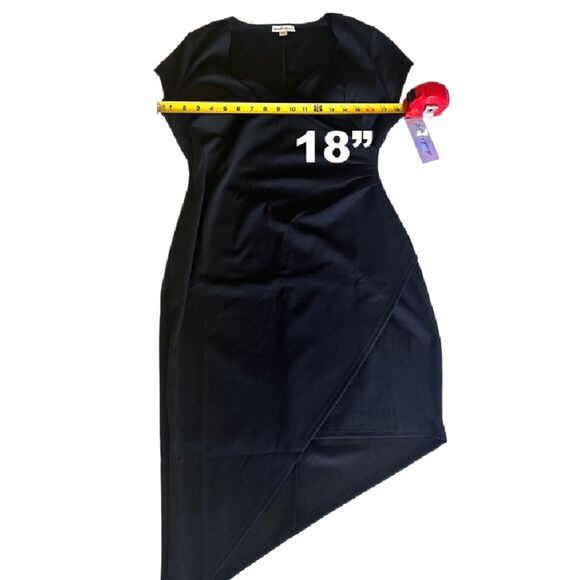 BLACK BODYCON ASYMMETRICAL RUCHED DRESS SURPLICE NECKLINE SIZE LARGE - Picture 6 of 8